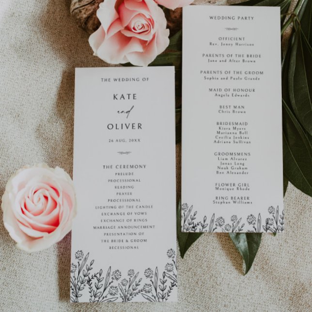 Programme moderne de mariage floral noir et blanc (Créateur téléchargé)