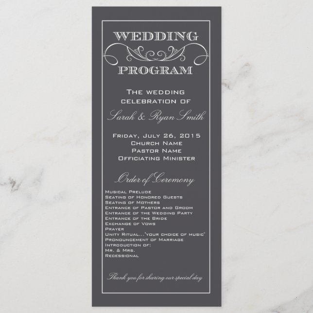 Programme moderne de mariage Gris Gris Charbon (Devant)