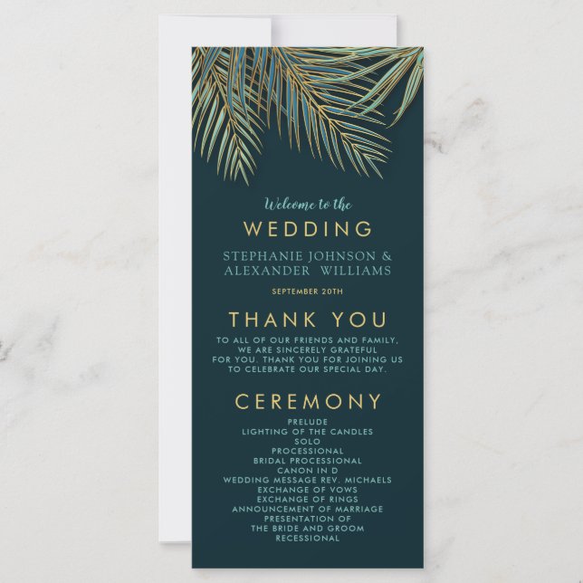Programme moderne de mariage Turquoise Palm Gold (Devant)