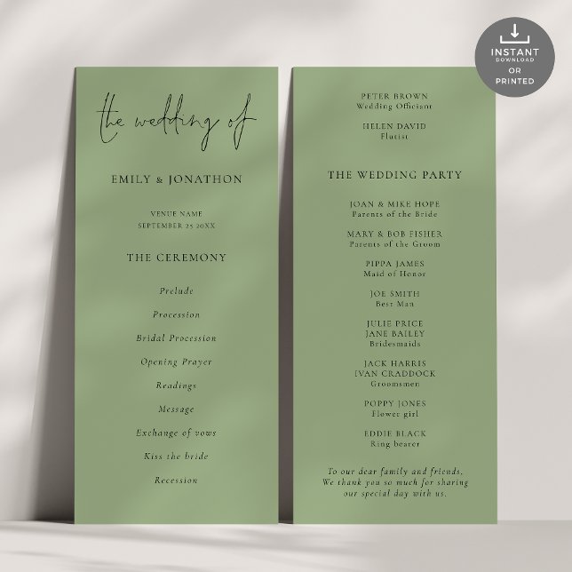 Programme moderne de mariage vert Sage Script (Front and back view)