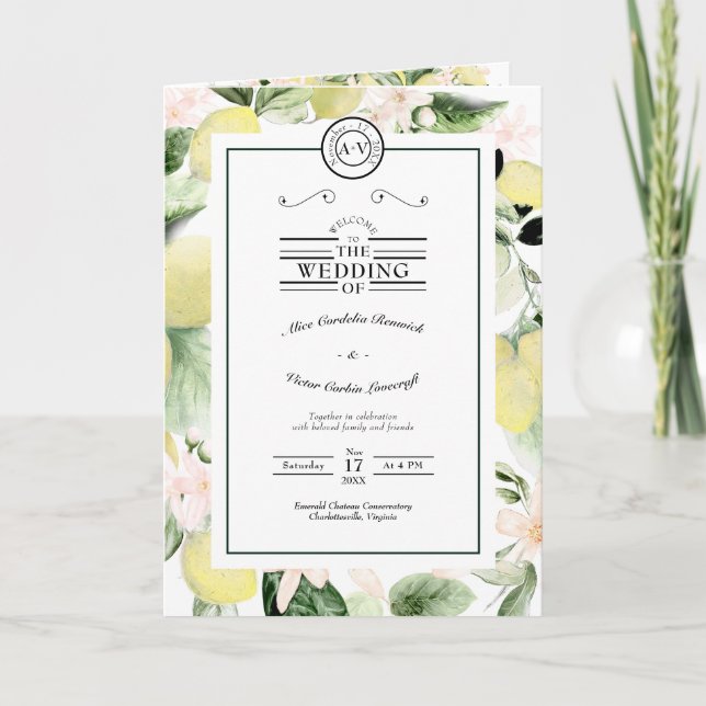 Programme Monogramme floral citron Mariage blanc plié (Devant)