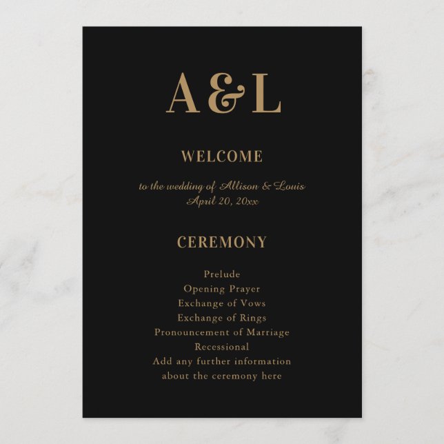 Programme Monogramme mariage minimaliste Black Gold (Devant)
