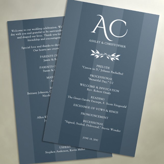 Programme Monogramme minimaliste Indigo Mariage bleu rayé (Créateur téléchargé)