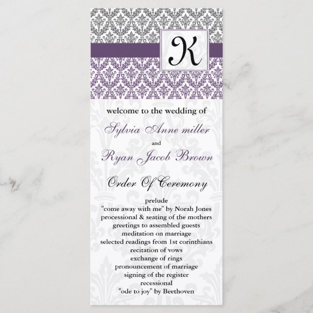 programme monogramme violet mariage damassé (Devant)