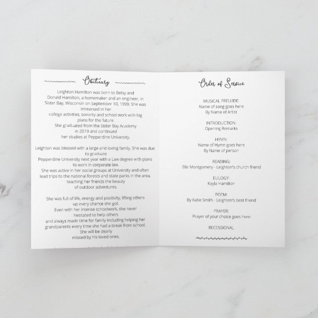 Programme Nécrologie funéraire simple feuille Ordre de servi (Intérieur)