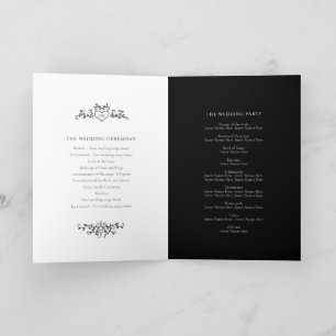 Programme Noir blanc coeur et feuille monogramme art mariage