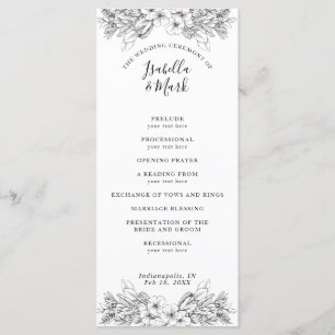 Programme noir et blanc floral simple de mariage