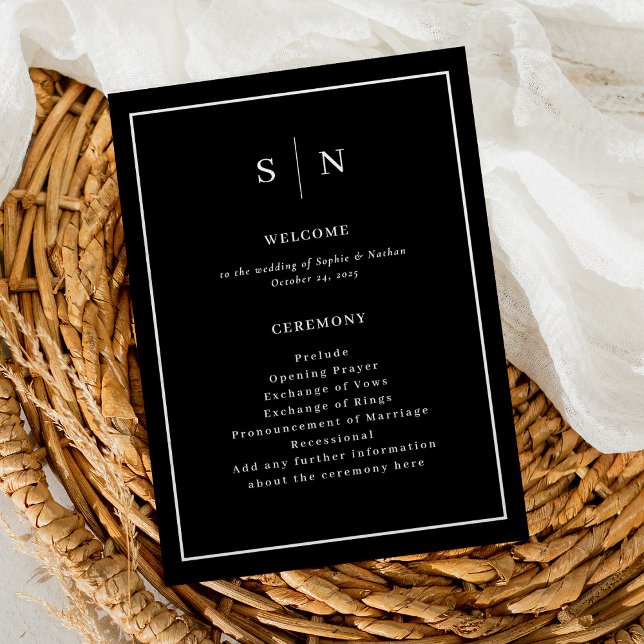 Programme Noir minimal et chic | Élégant Mariage frontalier (A minimal and chic, dark black wedding program with your monogram)