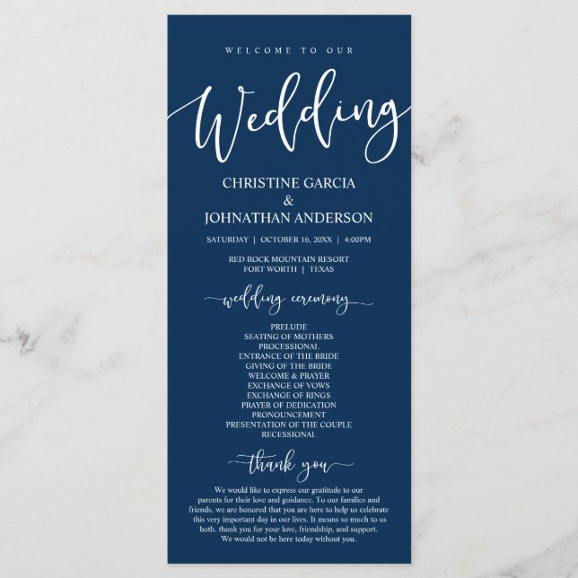 Programme Notre cérémonie Mariage, Classy Navy Blue (Devant)
