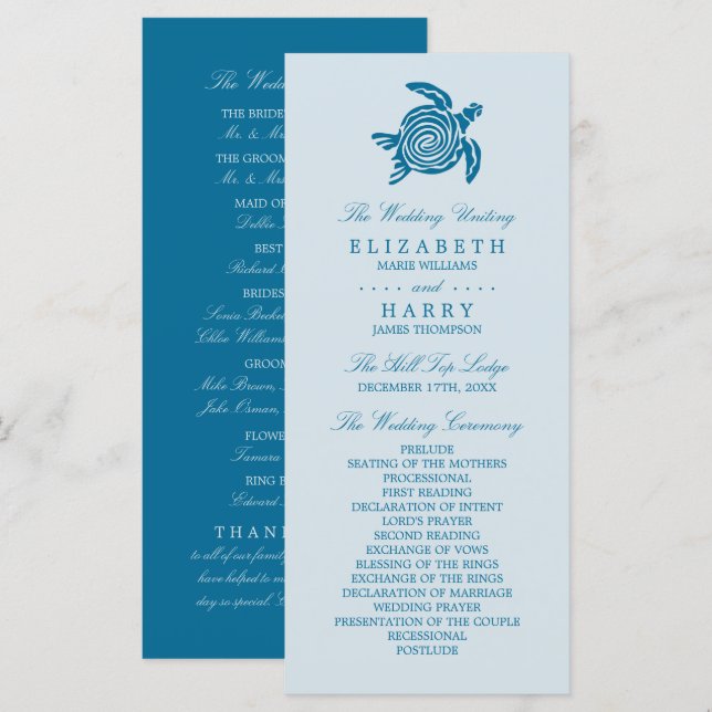 Programme Ocean Sea Turtle, Sea Blue Beach Wedding Program (Devant / Derrière)