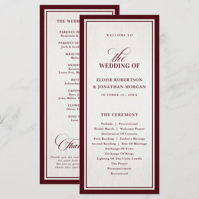 Programme Old Money Modern Formal Burgundy Luxury Wedding (Devant / Derrière)