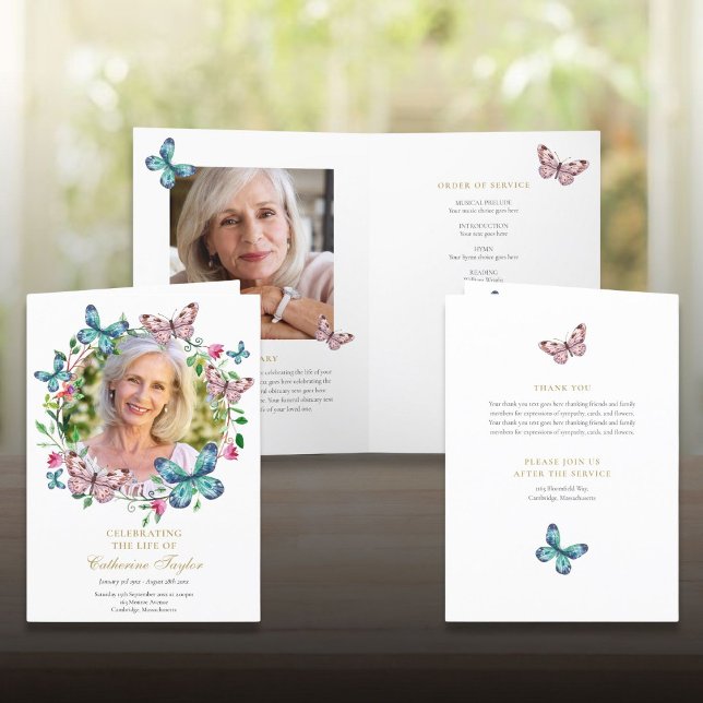 Programme Ordre de service mémorial funéraire Photo de papil (Funeral Memorial Order Of Service Butterfly Photo Program)