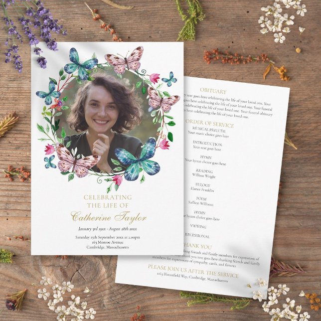 Programme Papillons Photo Funérailles Ordre de service (Butterflies Photo Funeral Order Of Service Program)
