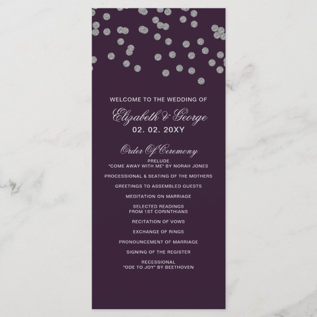 Programme Parties scintillant d'argent violet Confetti Maria (Devant)