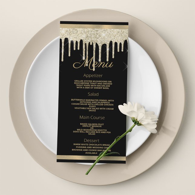 Programme Parties scintillant de luxe en or noir gouttes Mar (Black gold luxury glitter drips Wedding Menu)