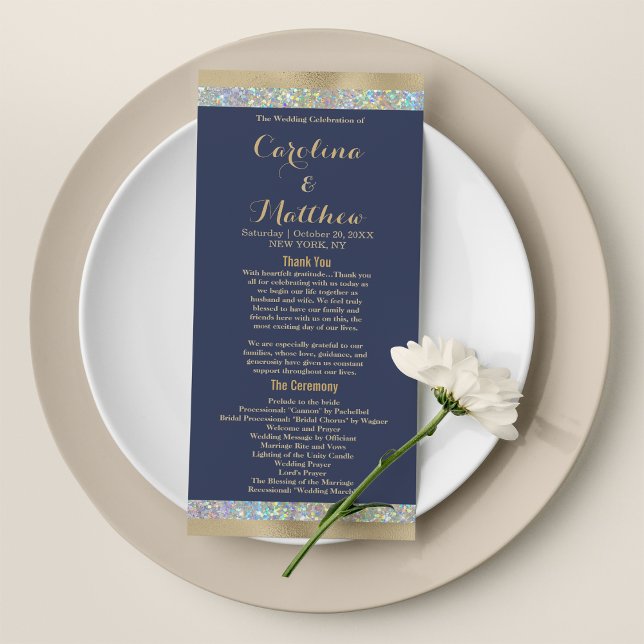 Programme Parties scintillant holographique en or bleu marin (Navy blue gold silver holographic glitter Program)