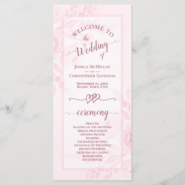 Programme Pastel Pink Watercolor Peonies Elegant Wedding (Devant)