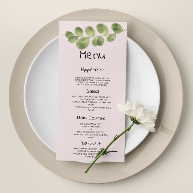 Programme Pastel rose menthe or eucalyptus feuille Mariage M (Pastel pink mint gold eucalyptus leaf Wedding Menu)