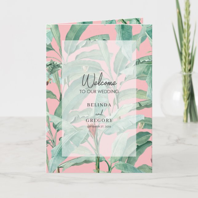 Programme Paume Tropical Rose Feuille Mariage Ordre de servi (Devant)