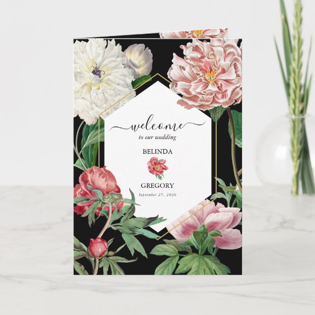 Programme Peonies roses Mariage Ordre de service Noir (Devant)