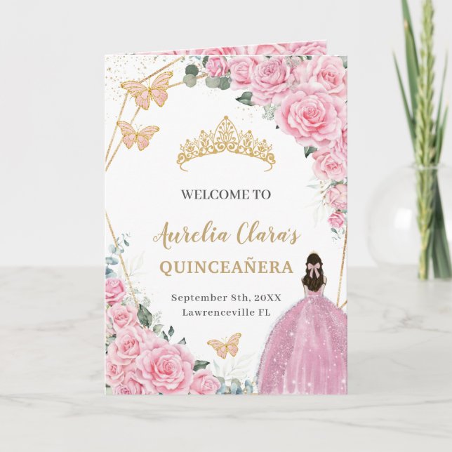 Programme Pink Floral Princess Quinceañera Ordre des événeme (Devant)