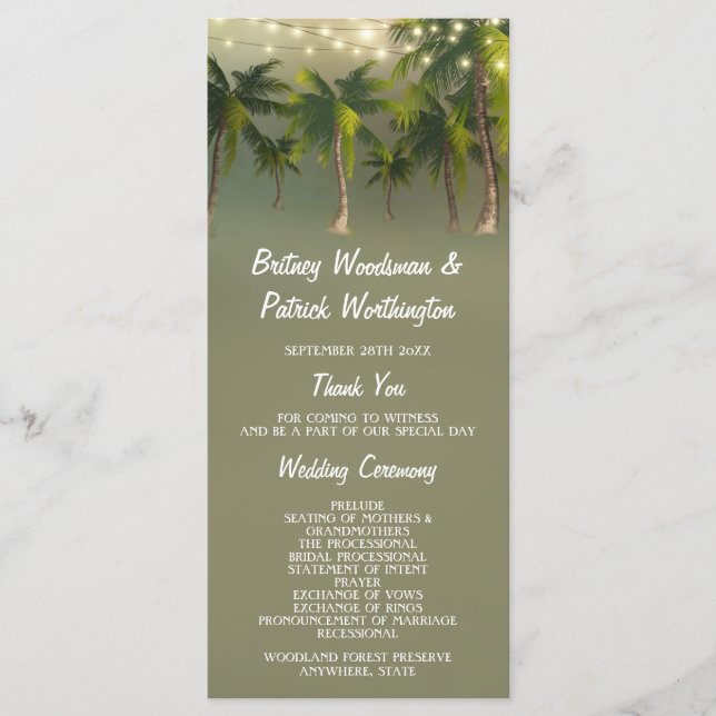 Programme Plage Lumières Palm Tree Tropical Wedding Programm (Devant)