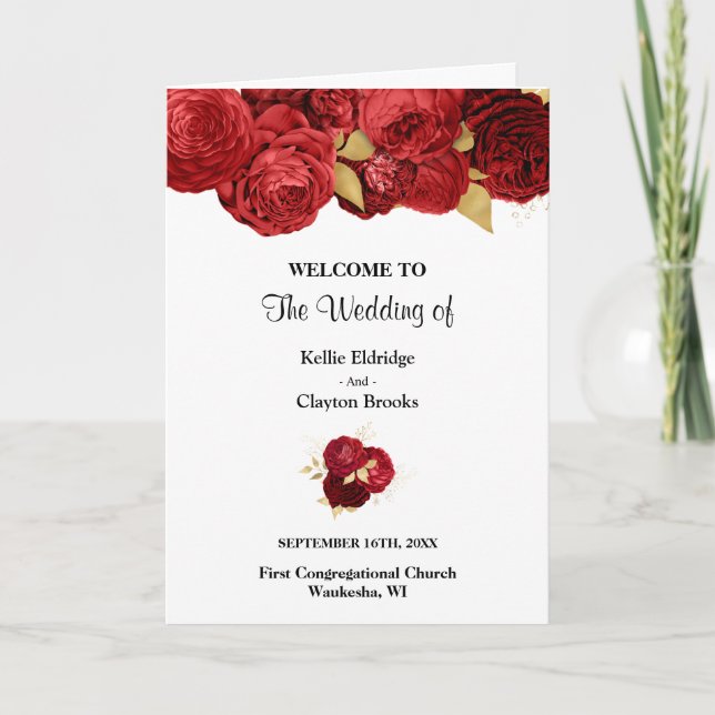 Programme Plié Mariage Floral Rouge Et Or (Devant)