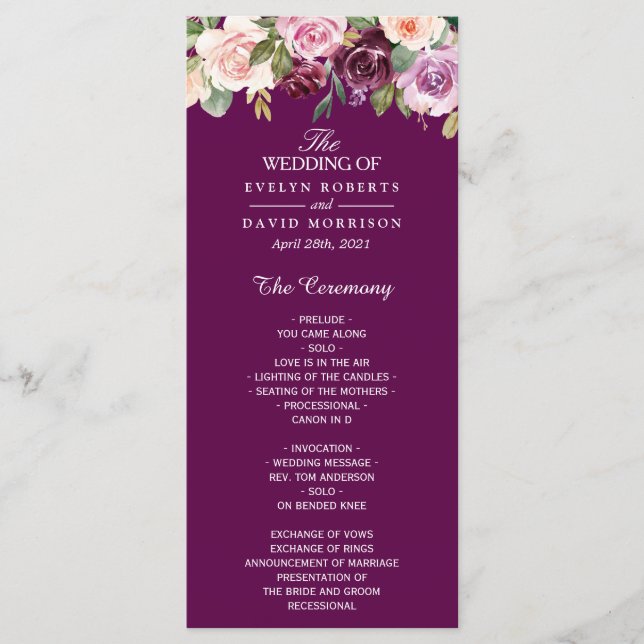 Programme Plum Lilac Violet Blush Floral Chic Mariage (Devant)
