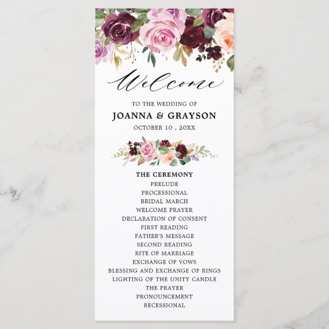 Programme Plum violet rose pâle Mariage végétal (Devant)