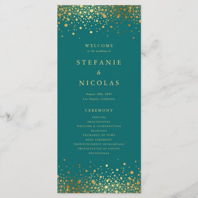 Programme Points Confetti Faux Gold Foil Mariage Turquoise (Devant)