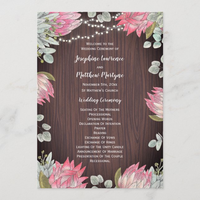 Programme Protea Eucalyptus illumine bois Mariage rustique (Devant)