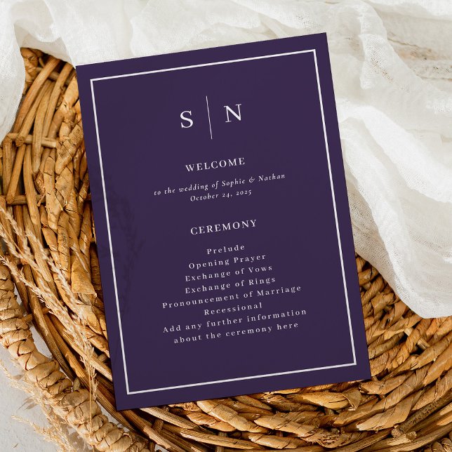 Programme Purple minimal et chic | Élégant Mariage frontalie (A simple and chic wedding program in colorful dark purple and white, with your monogram)