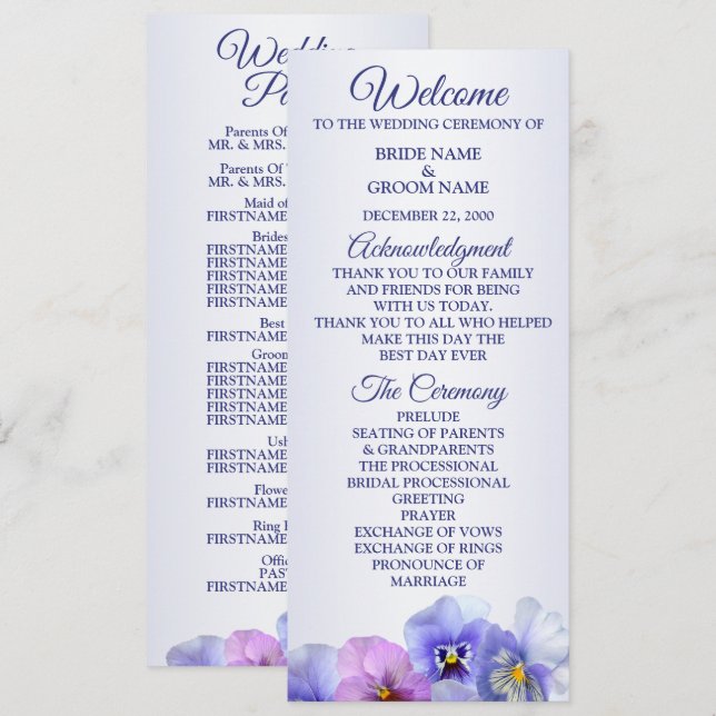 Programme Purple Pink Lilac Pansy Floral Rustic Wedding (Devant / Derrière)
