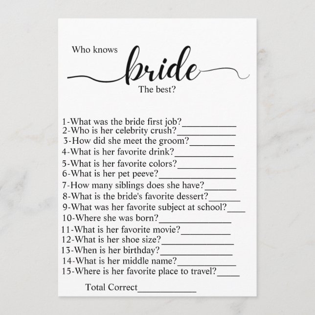 Programme Qui connaît la mariée meilleur jeu de douche de ma (Devant)
