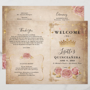 Programme Quinceanera de parchemin d'or rose rose