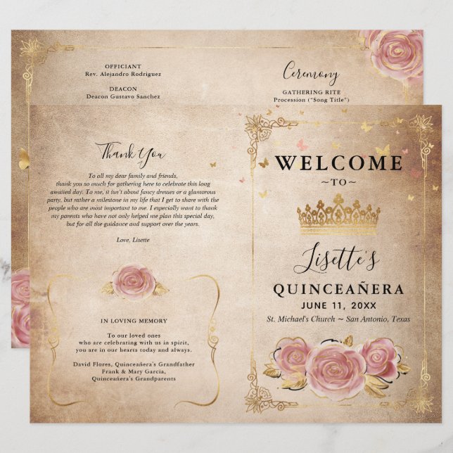 Programme Quinceanera de parchemin d'or rose rose  (Devant / Derrière)