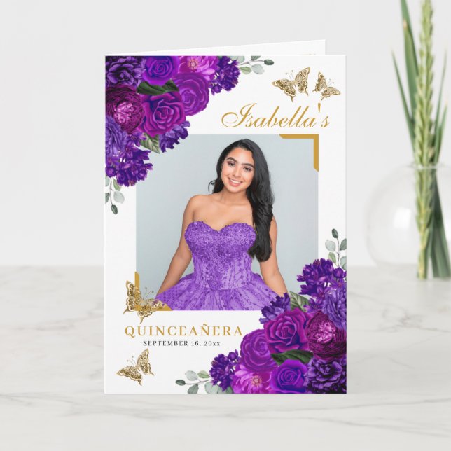 Programme Quinceanera Florale Or Purplé Papillons Tiara (Devant)