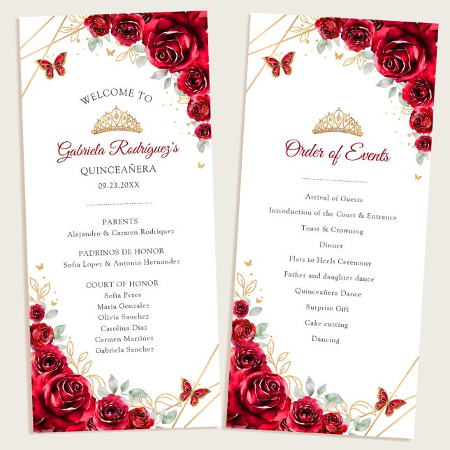 Programme Quinceanera Florale or rouge Ordre des événements (Créateur téléchargé)