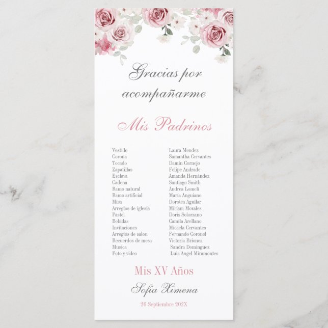 Programme Quinceañera rose rose pâle (Dos)