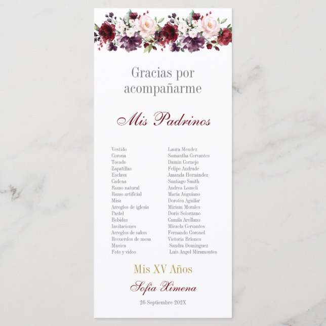 Programme Quinceañera rouge floral (Dos)