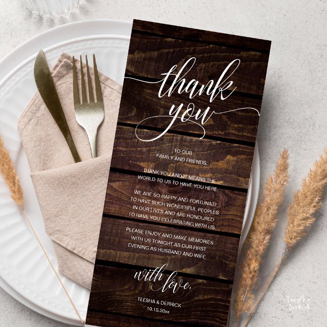 Programme Réception de mariage rustique Boho (Modern Rustic Wedding Reception Dinner Lunch Brunch Thank You Card Dark Wood)