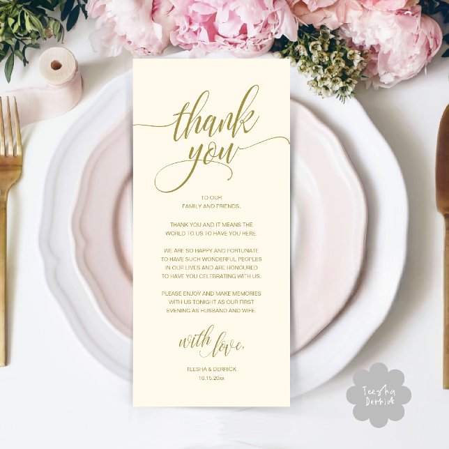 Programme Réception de mariage rustique moderne (Modern Romantic Wedding Reception Dinner Thank You Card in Yellow Gold)