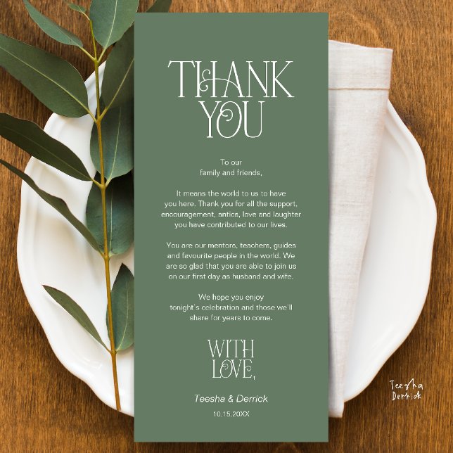 Programme Remerciements pour la disposition de la table de m (Modern Minimalist Wedding Dinner Place Setting Thank You Sage Green Card)