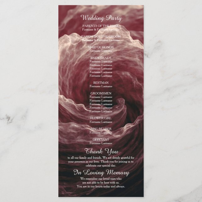 Programme Romantic Red Rose Burgundy Wedding Program (Dos)