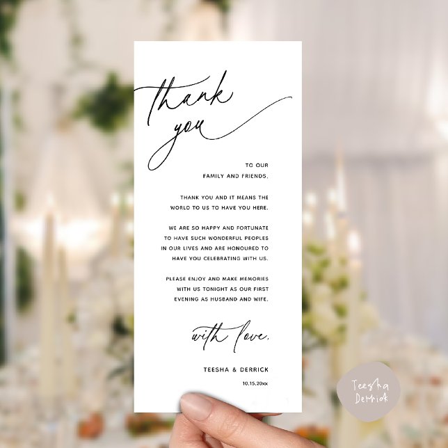 Programme Romantic Wedding Reception Dinner Thank You Card (Romantic Wedding Reception Dinner Thank You Card in Black and White)
