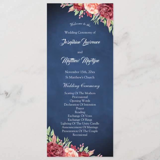 Programme Rose Floral bleu Bourgogne bleu marine Mariage flo (Devant)