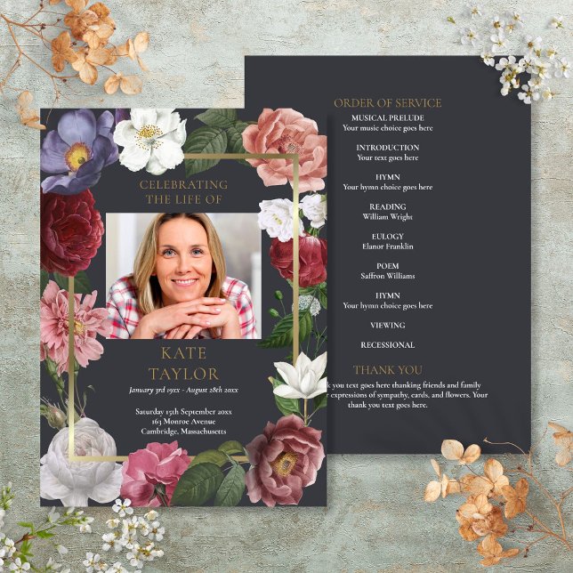 Programme Rose Floral Funérailles Photo Ordre de service (Rose Floral Funeral Photo Order Of Service Program)