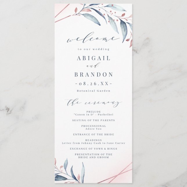 Programme Rose Gold Dusty Blue Greenery Mariage géométrique (Devant)