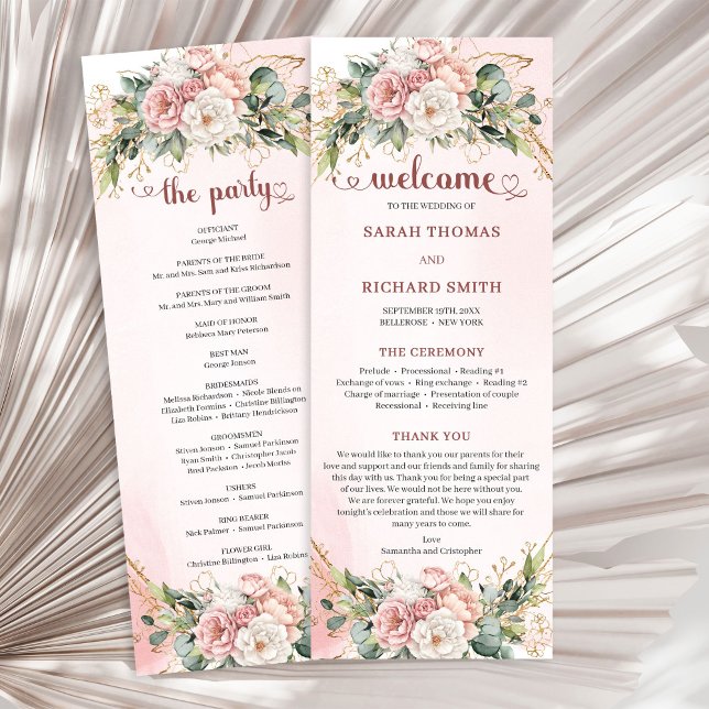 Programme Rose Gold Floral Eucalyptus Elegant Wedding Agenda (Elegant Rose Gold Floral Eucalyptus Wedding Program)