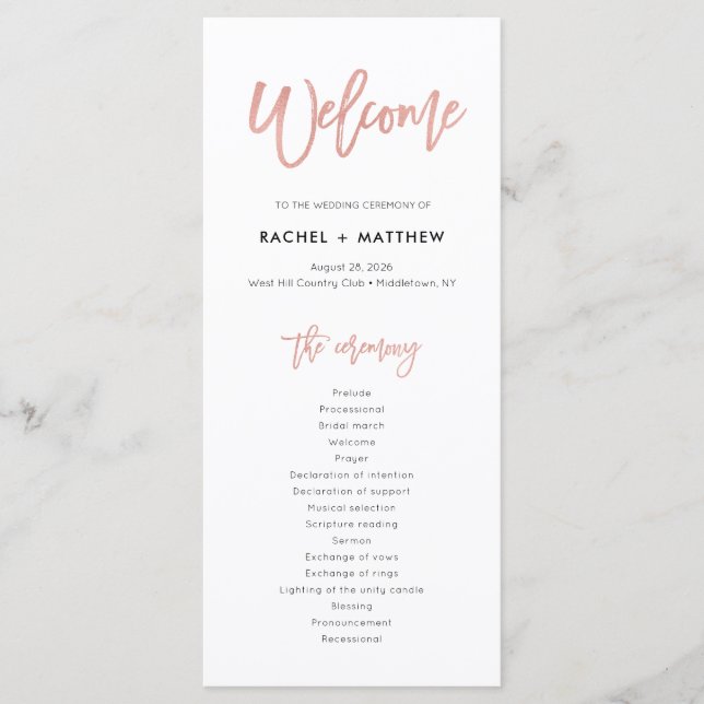 Programme Rose Gold Sweet Fairytale Mariage Ceremony Program (Devant)